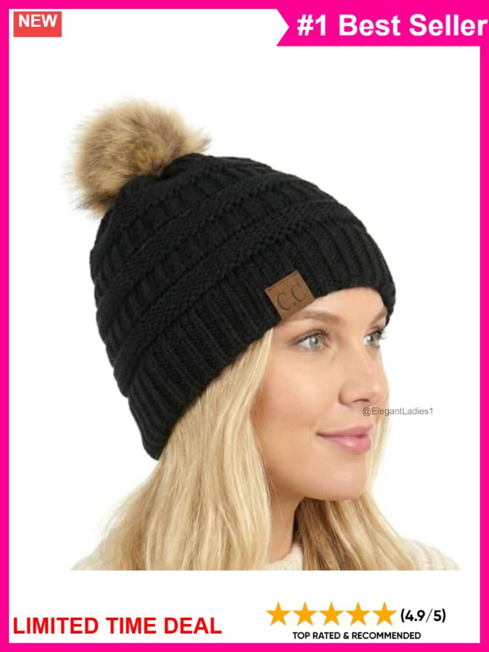 Fuzzy Fleece Lined Cable Knit Ribbed Faux Fur Pom Pom Beanie Hat